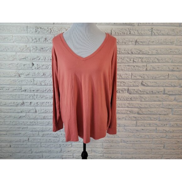 Terra Sky Womens Top 3X Plus Tee Long Sleeve Orange Pullover VNeck Basic ORA26E - Picture 1 of 9